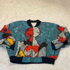 D M D, Multicolor Abstract Bomber Jacket Picaso inspired WOMENS SIZE XL LINED